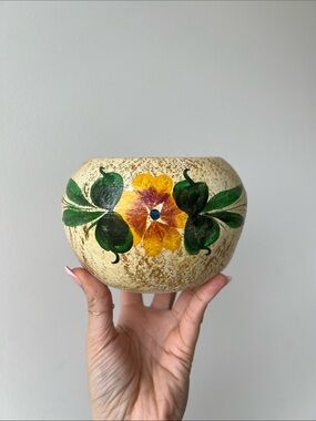 Vintage Mexican Hand Painted Floral Terracotta Planter Pot